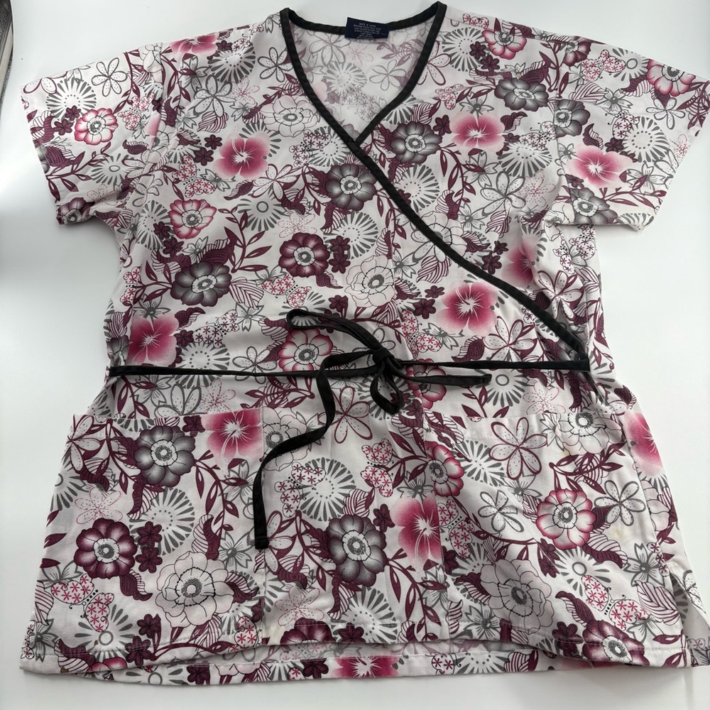Absolute Women's Floral Tie Front Drawstring Scrub Top Small